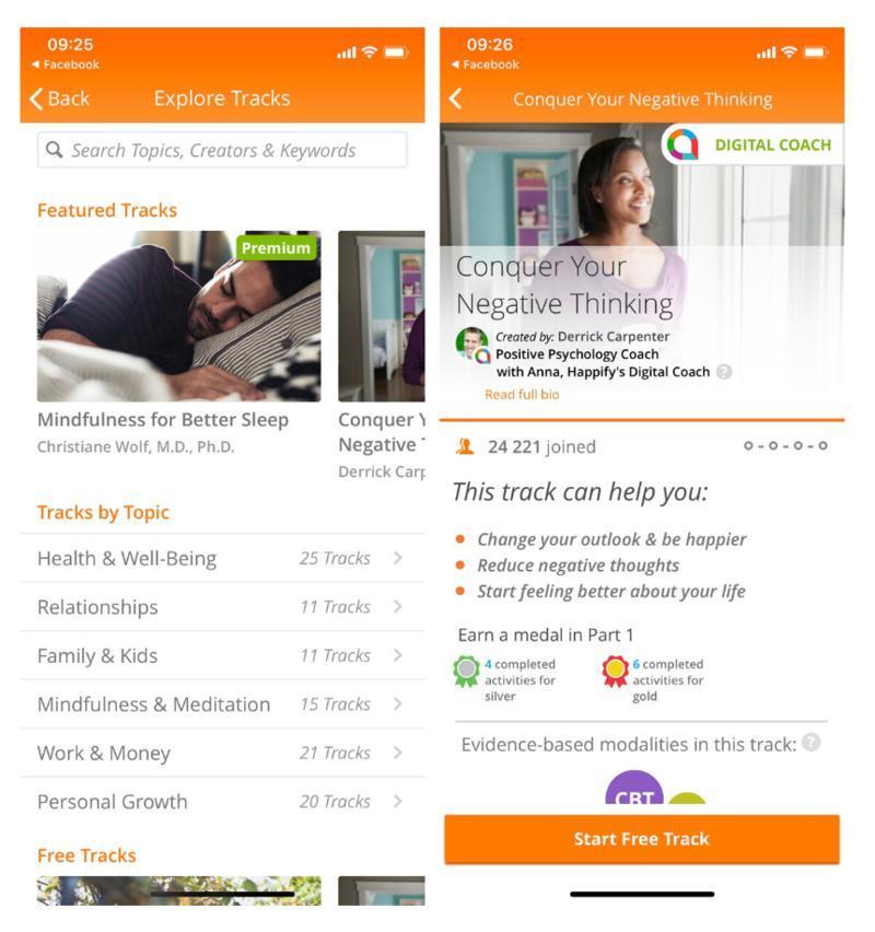Screenshots of a mindfulness app: left shows explore tracks page with featured track 'Mindfulness for Better Sleep' by Christiane Wolf, M.D., Ph.D., and Derrick Carr, and topics like Health & Well-Being, Relationships, Family & Kids, Mindfulness & Meditation, Work & Money, Personal Growth, and Free Tracks; right displays 'Conquer Your Negative Thinking' track by Derrick Carpenter, a Happify Digital Coach, with benefits like changing outlook, reducing negative thoughts, improving life, earning medals, and using CBT, with a 'Start Free Track' option.