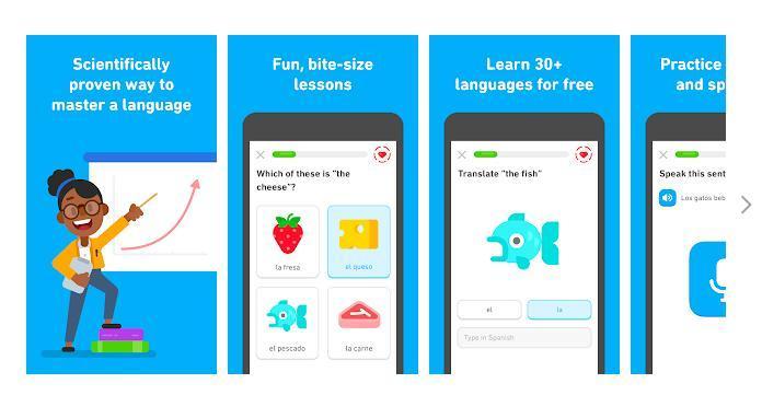 Language learning app screenshots highlighting interactive lessons, vocabulary quizzes, free access to over 30 languages, and speaking practice features.