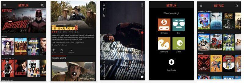 Netflix mobile app interface showing home screen, movie details, video playback, user profile selection, and personalized content recommendations.