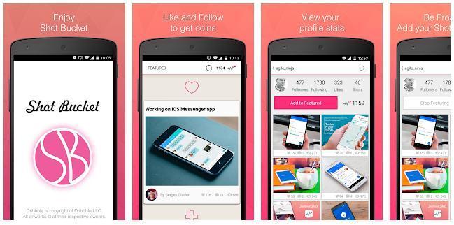 Shot Bucket app screenshots displaying login screen, user feed, profile statistics, and features for liking, following, and showcasing designs.