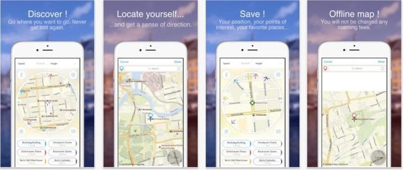 Mobile navigation app screenshots showing features like map discovery, user location, saving favorite spots, and offline map access without roaming charges.