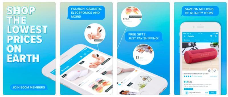 Shopping app screenshots highlighting lowest prices, wide product selection, free gifts with shipping, and discounts on millions of items.
