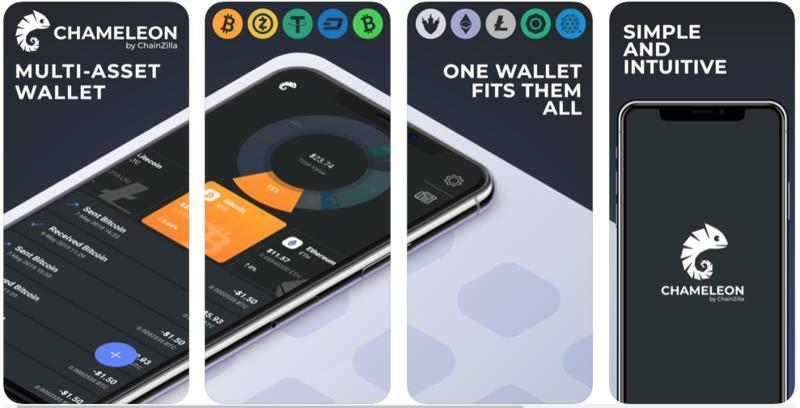 Chameleon crypto wallet app screenshots showing multi-asset support, portfolio overview, compatibility with various cryptocurrencies, and a simple user interface.