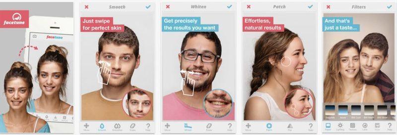 Facetune app screenshots demonstrating skin smoothing, teeth whitening, blemish patching, and photo filters for natural-looking photo editing.