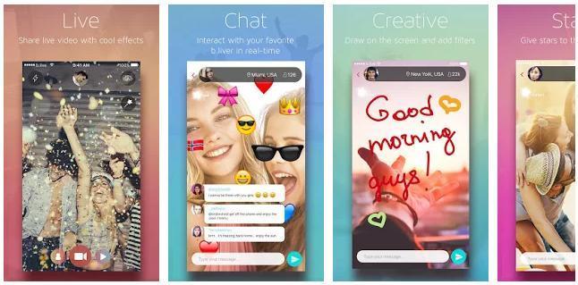 Live streaming app screenshots featuring live video sharing, real-time chat, creative drawing tools, and interactive gifting options.