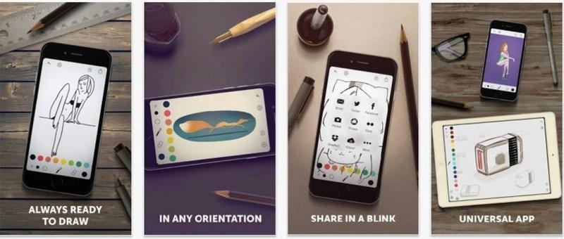 Drawing app screenshots highlighting easy sketching, support for any orientation, quick sharing options, and compatibility across devices.