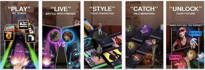 Music and adventure game app screenshots featuring rhythm gameplay, live battles, character customization, monster collecting, and storyline progression choices.