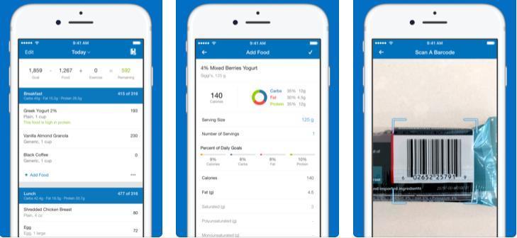 Mobile app screenshots showing food diary, nutritional breakdown of yogurt, and barcode scanner for tracking food intake.