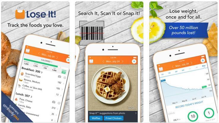 Lose It! app screenshots showing food tracking, barcode scanning, photo food recognition, and weight loss progress chart.