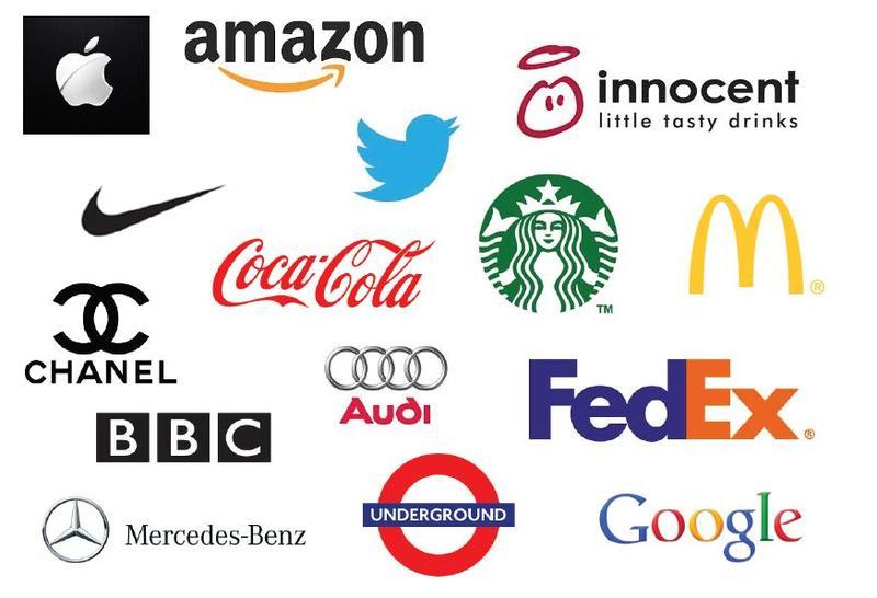 Collection of famous brand logos including Apple, Amazon, Twitter, Starbucks, McDonald’s, Coca-Cola, Google, Nike, FedEx, Chanel, Audi, Mercedes-Benz, BBC, London Underground, and Innocent Drinks, showcasing iconic corporate identities.