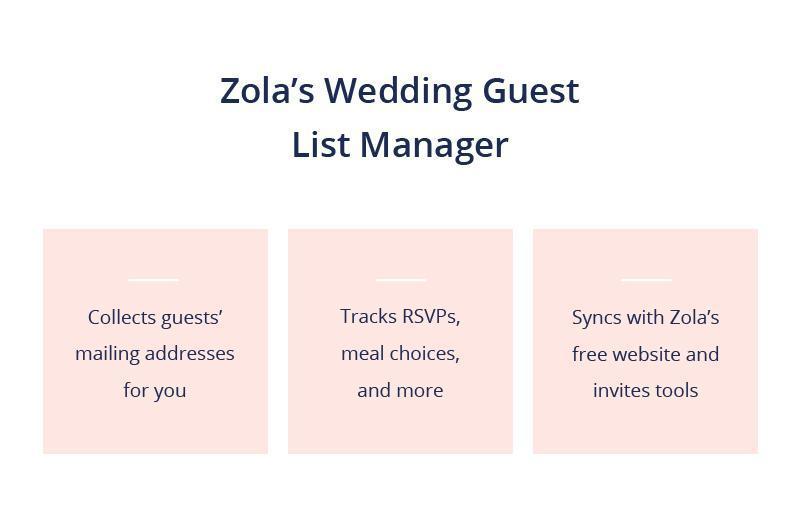 Zola's Wedding Guest List Manager: collects guest mailing addresses, tracks RSVPs and meal choices, and syncs with Zola's website and invite tools.