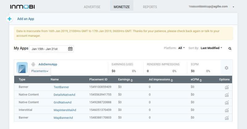 InMobi app monetization dashboard showing ad placements, types, placement IDs, earnings, ad impressions, and eCPM metrics for AdsDemoApp.