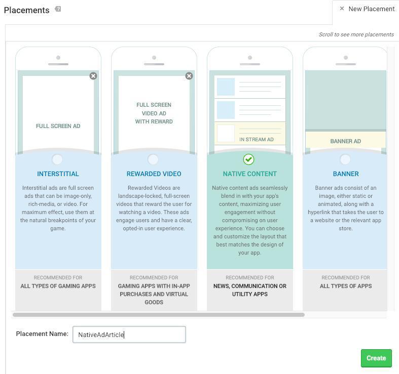 Ad placement selection screen on InMobi platform showing options for Interstitial, Rewarded Video, Native Content, and Banner ads, with Native Content selected and a placement name "NativeAdArticle" entered.