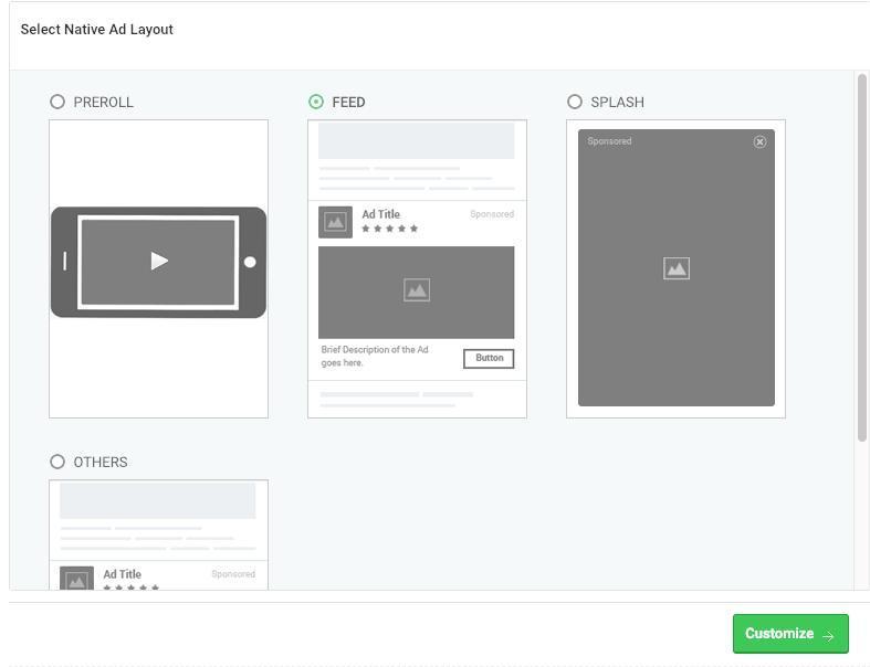 Native ad layout selection screen on InMobi platform showing options for Preroll, Feed (selected), Splash, and Others, with visual previews of each layout.