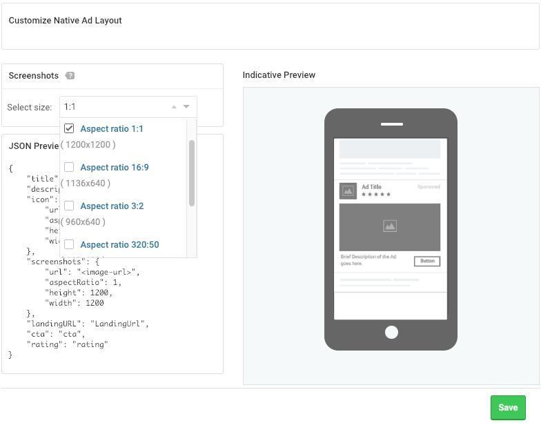 Customization screen for native ad layout on InMobi, showing screenshot aspect ratio options and JSON code preview on the left, and a mobile phone preview of the ad layout on the right.