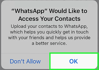 WhatsApp contact access permission pop-up asking to upload contacts for better service with "Don’t Allow" and "OK" options.