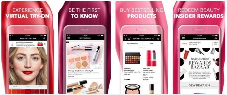 Mobile app promotional image showcasing features like virtual makeup try-on, product notifications, shopping bestselling beauty products, and redeeming Beauty Insider rewards.