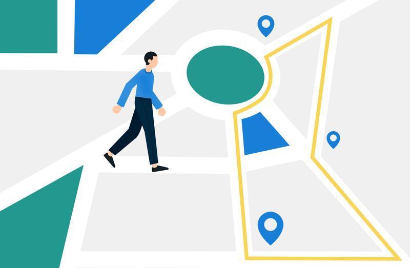Illustration of a person walking near a geofenced area marked with a yellow boundary on a map, with blue location pins indicating points of interest.