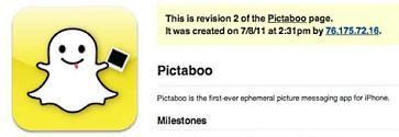 Early version of Snapchat called Picaboo with ghost logo and text stating it's the first-ever ephemeral picture messaging app for iPhone.