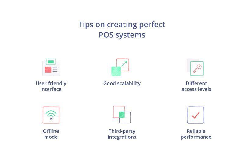 Tips for creating perfect POS systems: user-friendly interface, good scalability, different access levels, offline mode, third-party integrations, and reliable performance