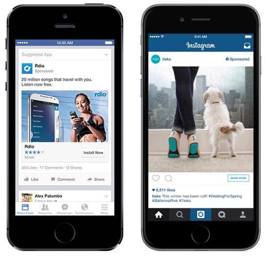 Mobile view of sponsored app ads on Facebook and Instagram, showing Rdio music app promotion and a Tieks shoe ad featuring a woman and dog at a window.