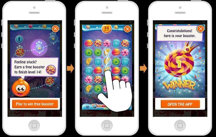 Mobile game app walkthrough on iPhone showing booster offer, match-3 gameplay interaction, and reward screen with a "Winner" badge and option to open the app.