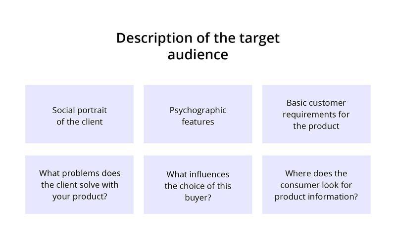 Target audience description diagram with six segments: social portrait, psychographic features, product requirements, problems solved, buying influences, and information sources.