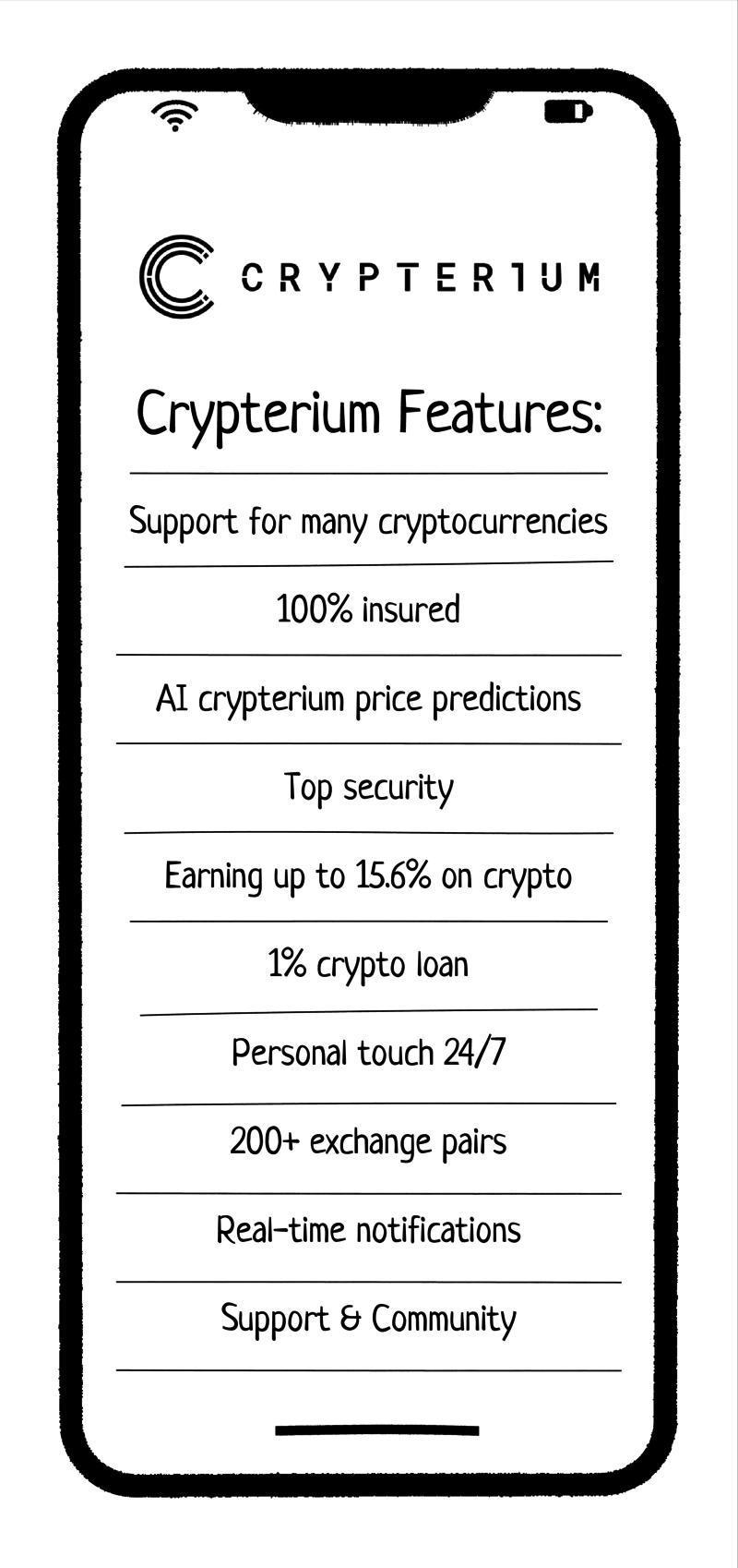 Mobile screen showcasing Crypterium app features including multi-cryptocurrency support, AI price predictions, insurance coverage, crypto loans, high earnings, exchange pairs, and 24/7 customer support.
