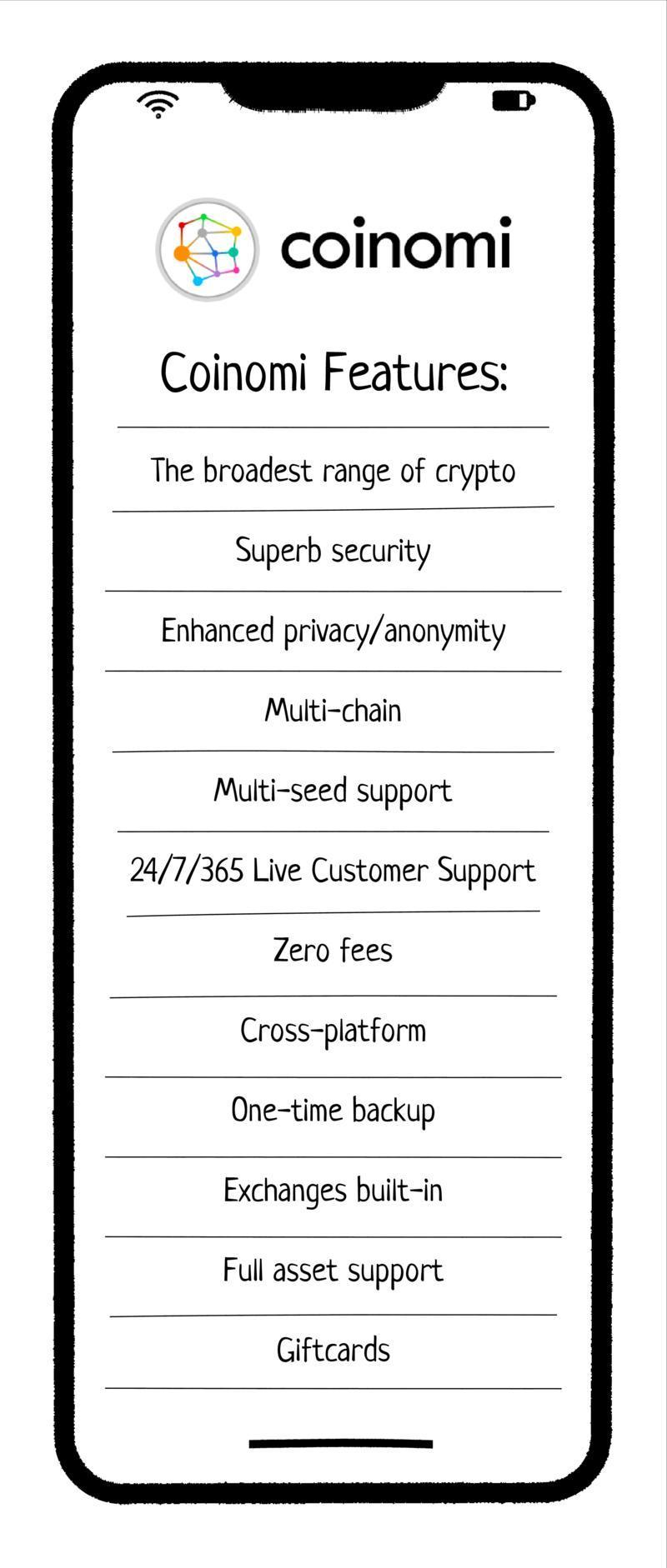 Coinomi app interface displaying key features such as broad crypto support, enhanced security, privacy, multi-chain compatibility, zero fees, built-in exchanges, and 24/7 customer support.