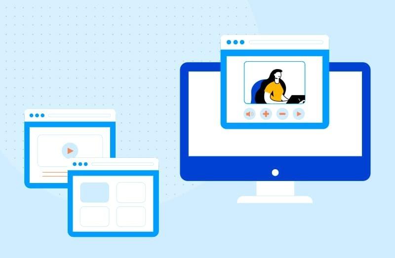 Illustration of a desktop computer and video interface windows, representing online video streaming or virtual meetings.