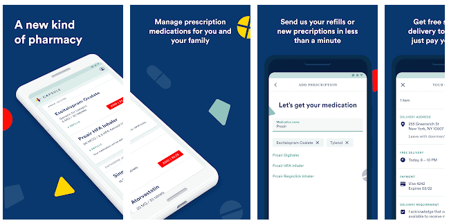 ePharmacy app screenshots showing prescription management, refill requests, and medication delivery options for individuals and families.