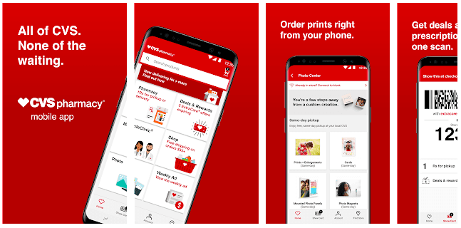 CVS Pharmacy app screenshots showcasing features like prescription management, photo printing, weekly deals, and barcode scanning for rewards and savings.