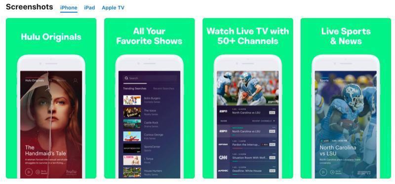 Hulu app screenshots showcasing original series, popular shows, live TV with 50+ channels, and streaming of live sports and news.