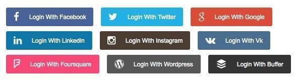 Social login buttons for various platforms including Facebook, Twitter, Google, LinkedIn, Instagram, VK, Foursquare, WordPress, and Buffer.
