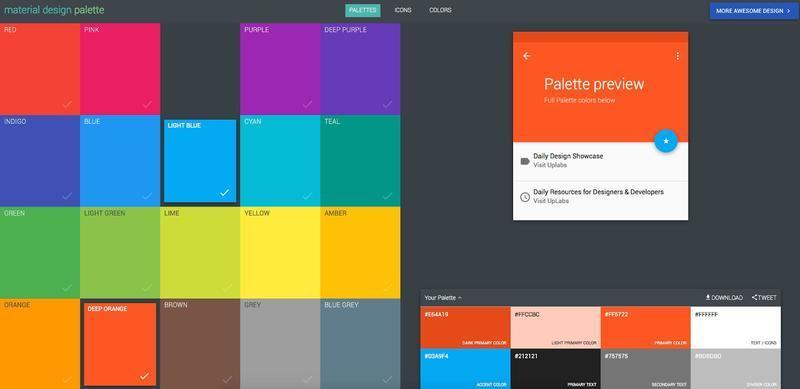 Material design color palette interface displaying various primary and accent color options with a preview card on the right showing a sample UI using selected palette colors.
