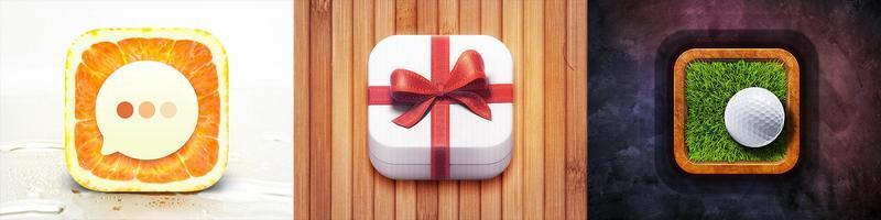 Three creative app icons — chat icon on an orange slice background, gift box icon with a red ribbon on wooden background, and golf ball icon on green grass with a wooden frame.