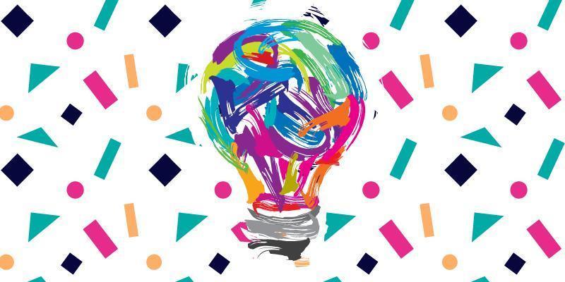 Colorful abstract light bulb illustration with geometric shapes on a white background.