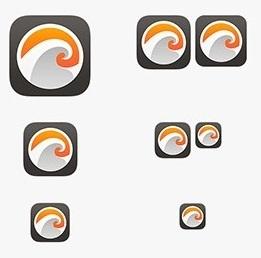 Multiple sizes of a mobile app icon with an orange and white swirl on a dark background, illustrating scalable design for different screen resolutions.