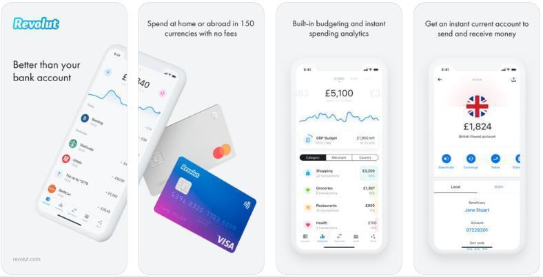 Revolut mobile banking app interface showcasing budgeting tools, currency exchange, spending analytics, and instant current account features.
