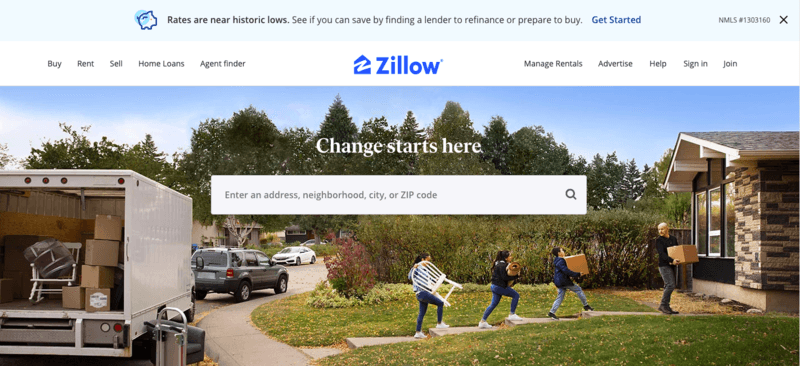 Screenshot of the Zillow homepage featuring a search bar with 'Change starts here' and a prompt to enter an address, neighborhood, city, or ZIP code. The image shows a moving truck and people carrying boxes toward a house, with navigation options like Buy, Rent, Sell, Home Loans, Agent Finder, Manage Rentals, Advertise, Help, Sign In, and Join. A banner highlights historic low rates for refinancing or buying, with a 'Get Started' link, and the MLS number 1303160 is visible.