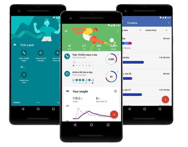 Google Fit app interface on Android phones displaying fitness goals, activity tracking, and weight progress.