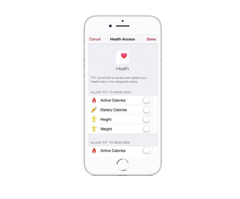 iPhone screen showing Health Access settings for the Health app, with toggles for writing and reading data such as Active Calories, Dietary Calories, Height, and Weight.