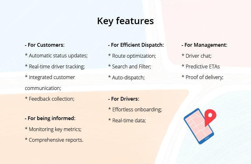 Key features of fleet management software including work order management, parts inventory, tire and equipment tracking, barcoding, analytics, purchase orders, flexible configuration, and mobile access.