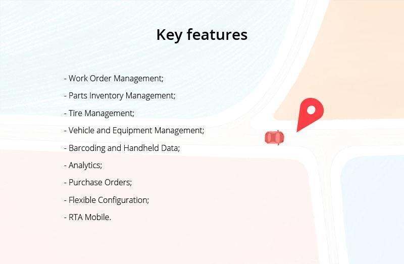Infographic listing features of vehicle tracking apps including GPS tracking, expenses control, ride history, shipment planning, driver safety reporting, and online support.
