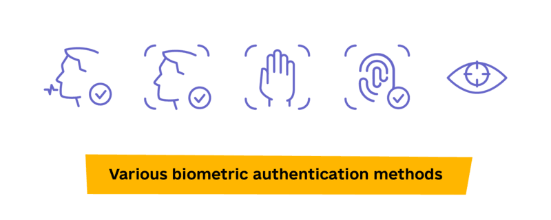 Icons representing different biometric authentication methods including voice, face, hand geometry, fingerprint, and eye scan.