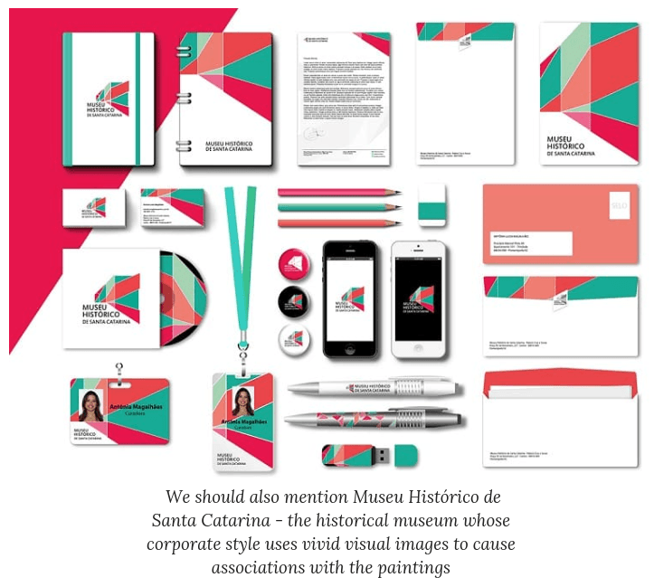 Museu Histórico de Santa Catarina branded stationery and materials featuring a bold geometric design in red, teal, and beige, including notebooks, business cards, pens, badges, envelopes, and mobile screens, reflecting the museum’s vibrant visual identity.
