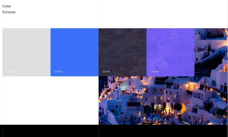 Color palette design scheme with four swatches—light gray (#d6d6d6), bright blue (#3a71f6), dark gray (#332f3f), and lavender (#7661fd)—overlaying a nighttime coastal cityscape with illuminated white buildings.