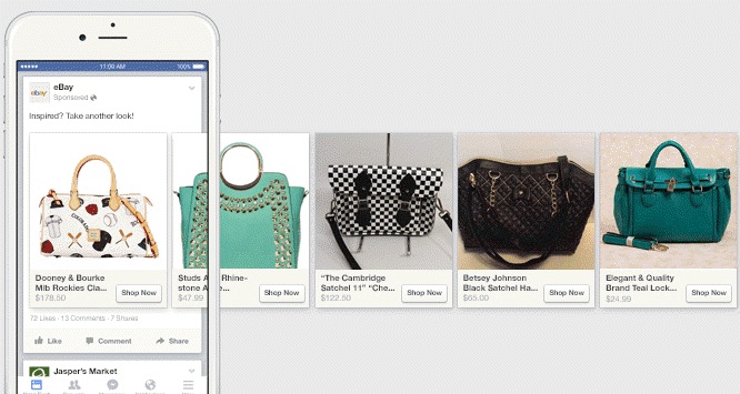 Facebook mobile ad carousel for eBay featuring a scrollable selection of handbags with prices and “Shop Now” buttons.