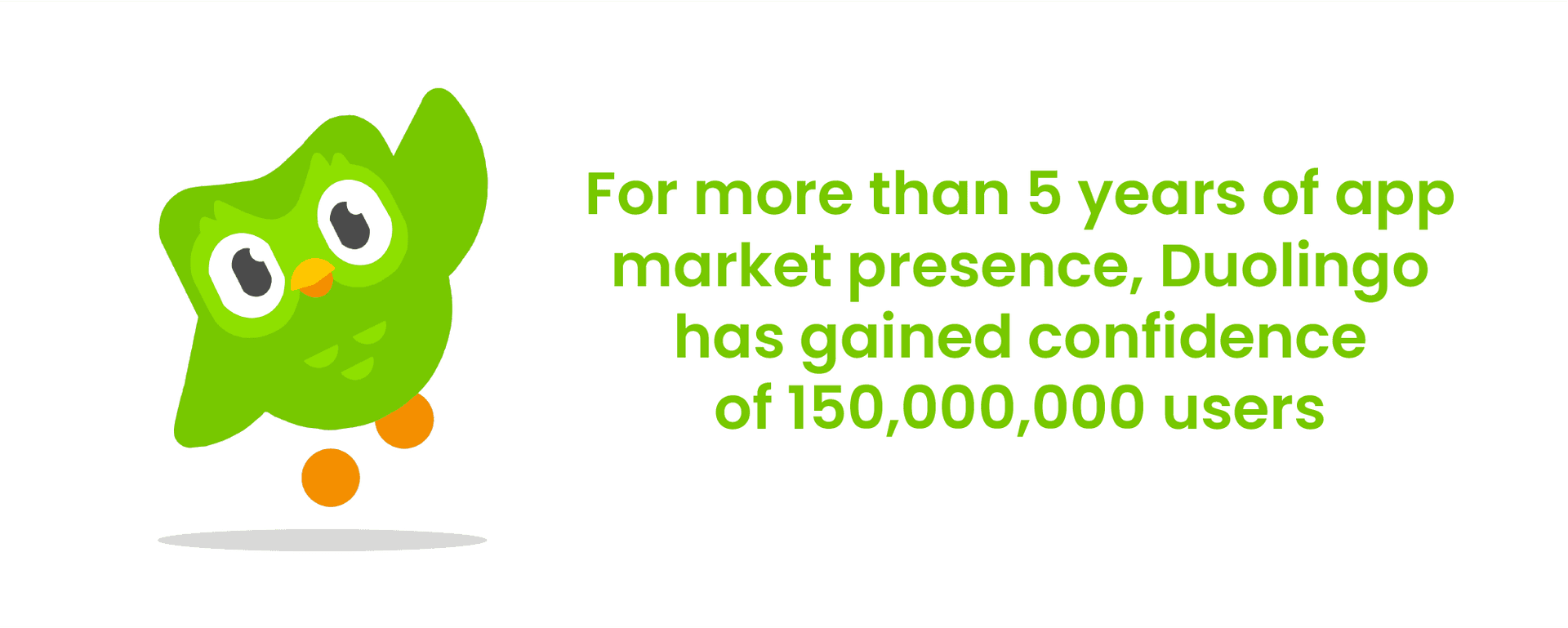 Illustration of the Duolingo owl mascot with text highlighting that Duolingo has over 150 million users after 5 years on the app market.