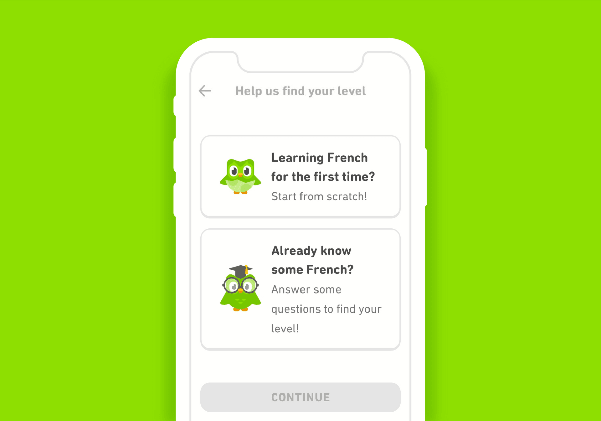 Duolingo app screen asking users to choose between starting French from scratch or taking a placement test.